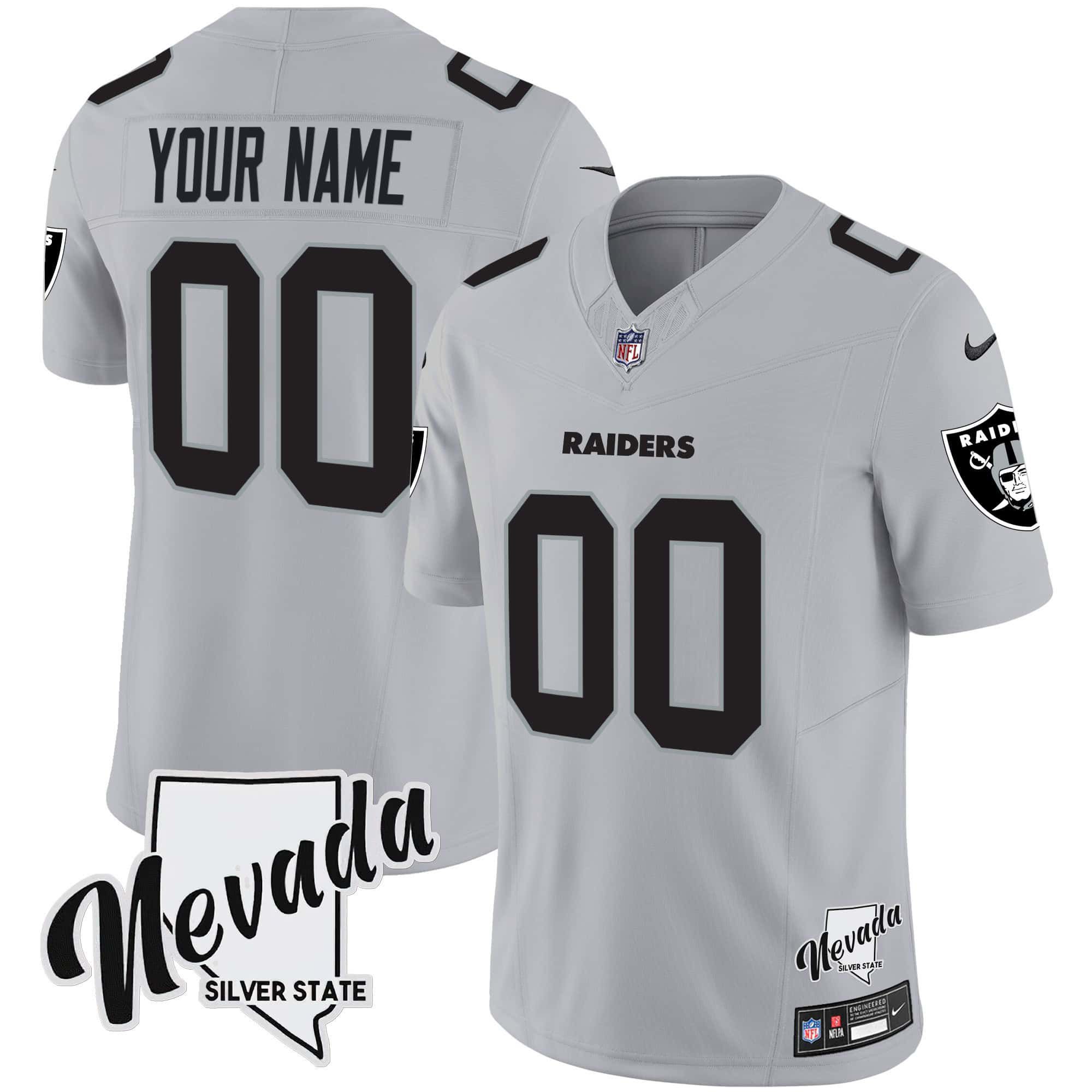 Men Oakland Raiders Grey 2024 Nike Nevada Silver State Patch Vapor Custom NFL Jersey